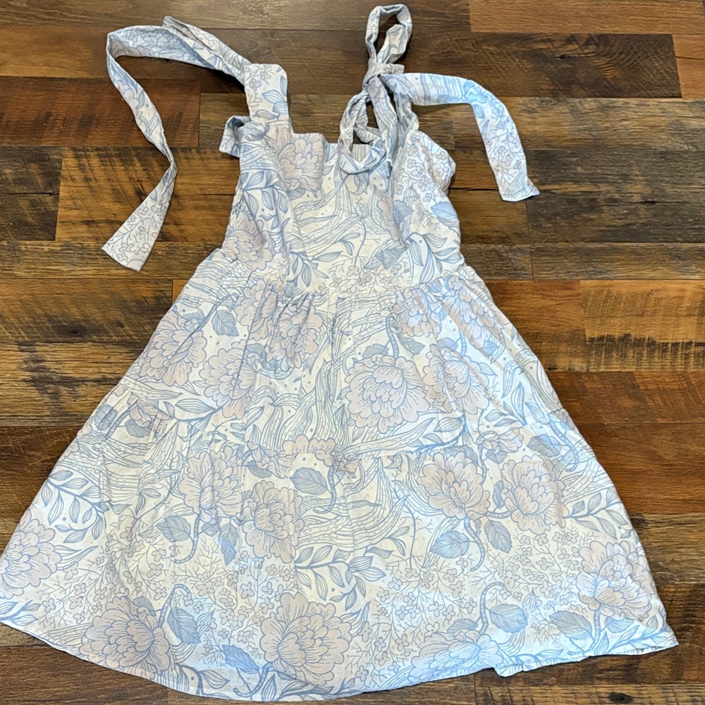 Kathleen Maeve Emma Bow Floral Sundress in Blue and White Linen and‎ Cotton